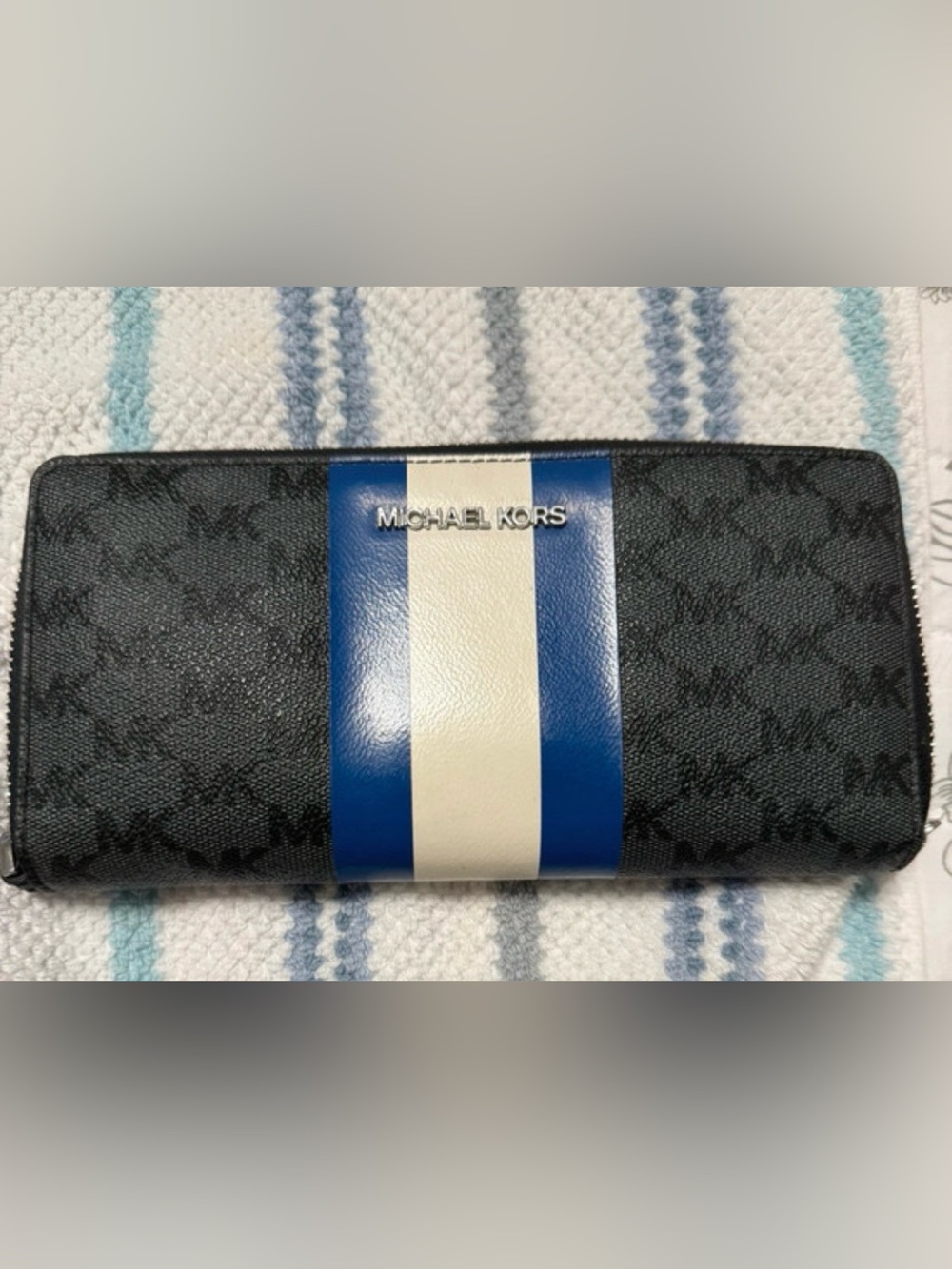 Michael Kors Black Signature Wallet with Blue and White Center Stripe